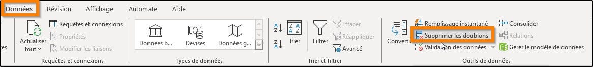 bouton supprimer les doublons dans Excel