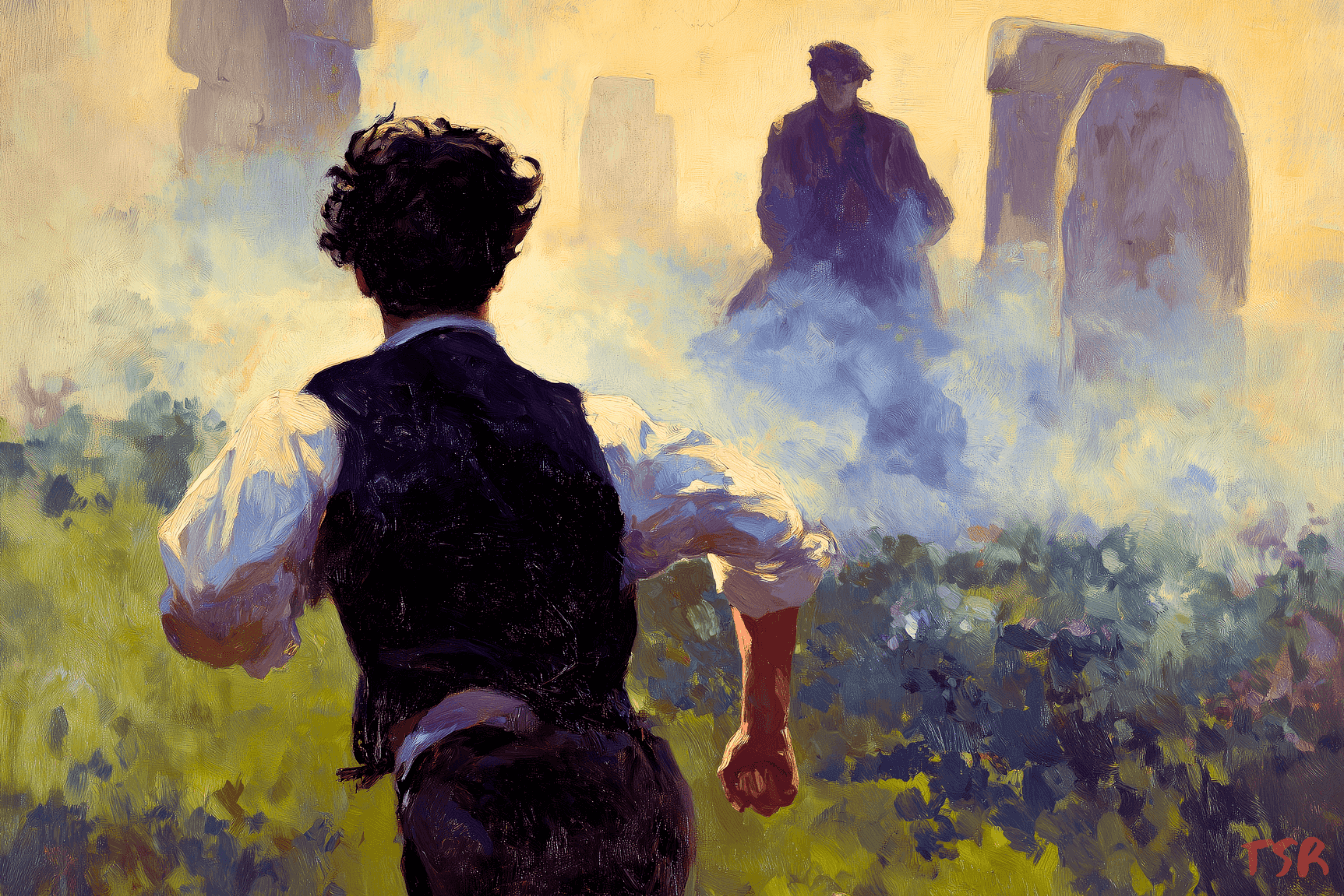 A young man with curly black hair, dressed in Edwardian clothing, runs toward another man, half-visible in the mist, with a Stonehenge-like stone formation in the background.