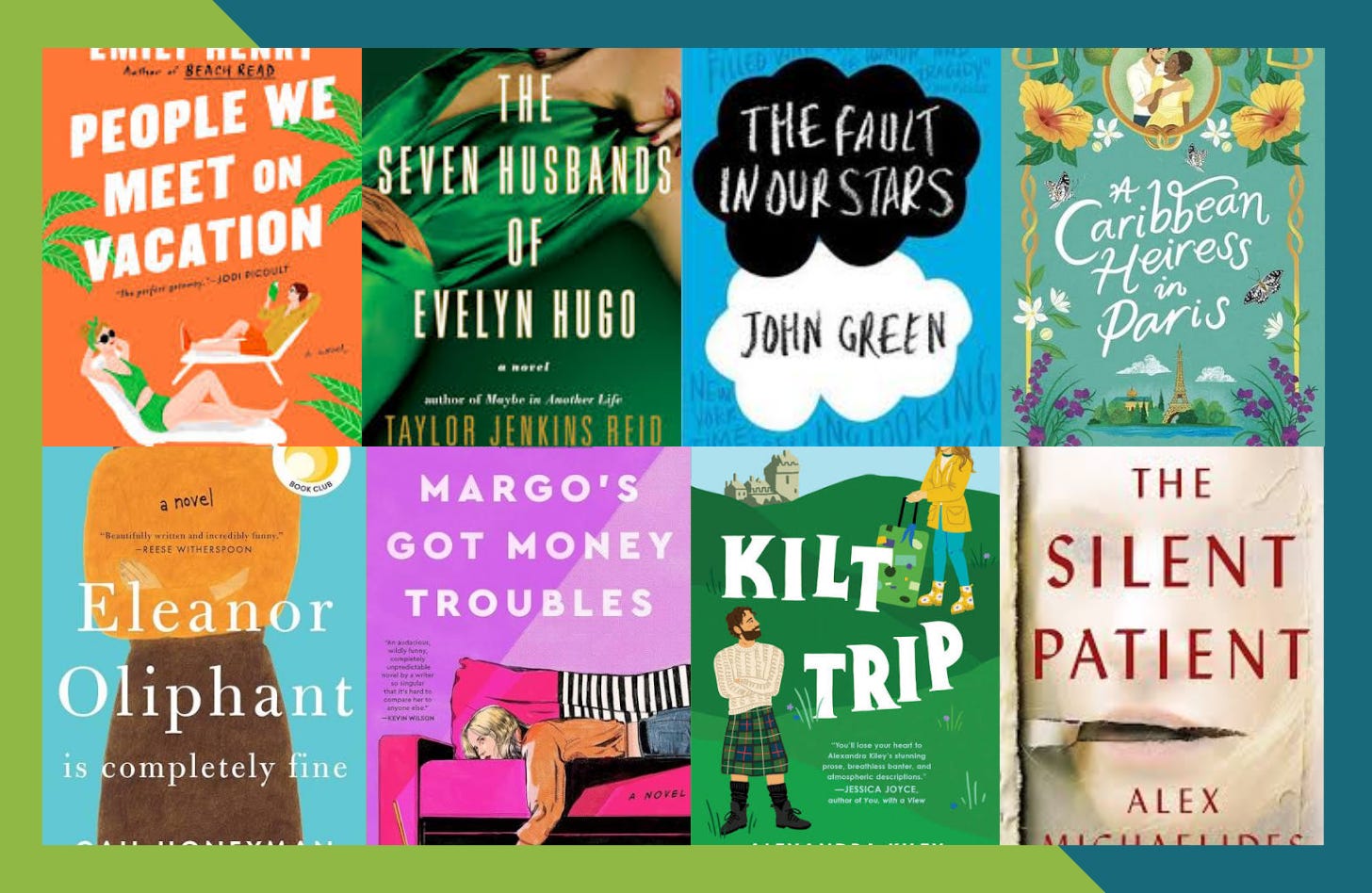 Eight book covers surrounded by a blue green frame