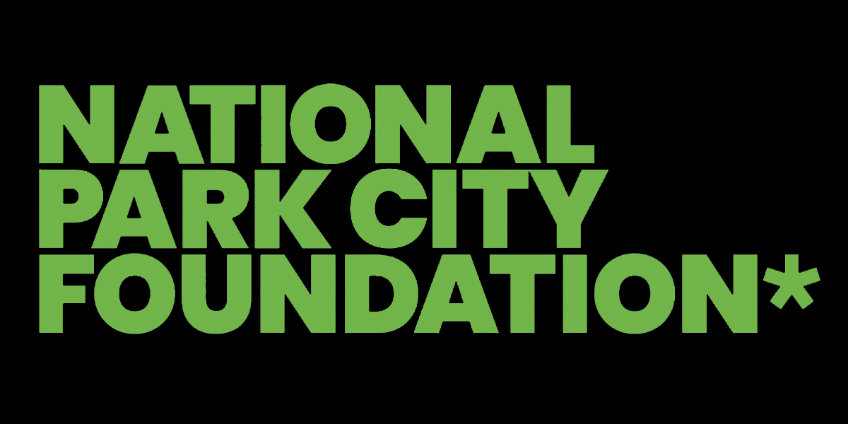 Black box with words in green saying National Park City Foundation