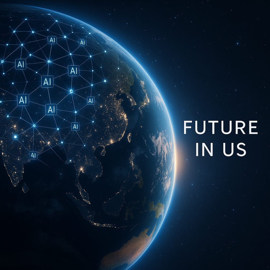 Hyper-realistic digital image of Earth from space, with one half connected by glowing AI nodes and the other illuminated naturally. The phrase “FUTURE IN US” appears on the right side over the starry sky.