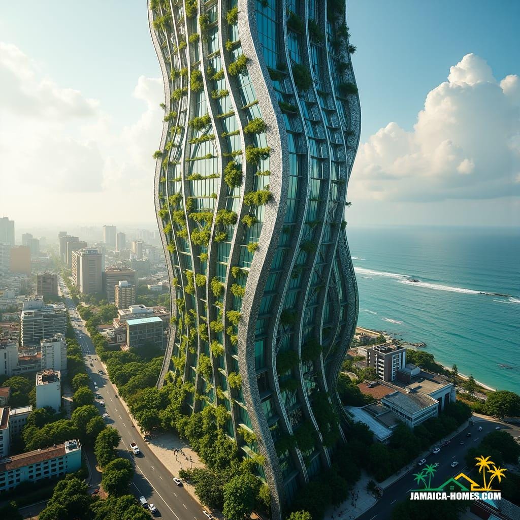 iconic skyscraper for downtown Kingston, Jamaica, that combines sleek, futuristic design with Jamaican cultural motifs.