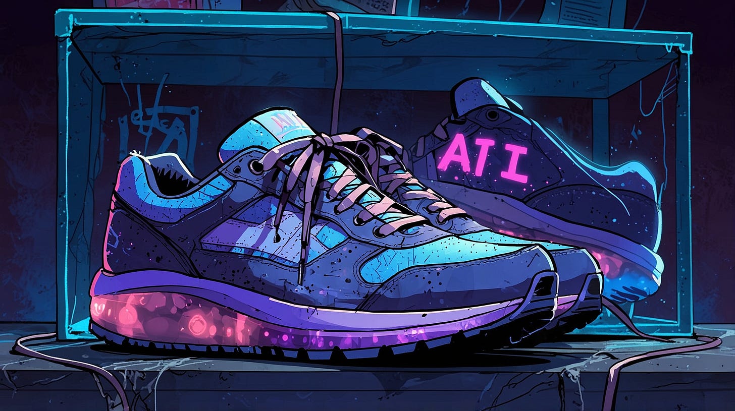 Neon sneakers with AI written in background.