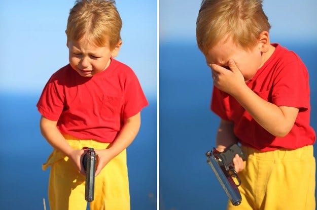 Meme of child crying holding a handgun