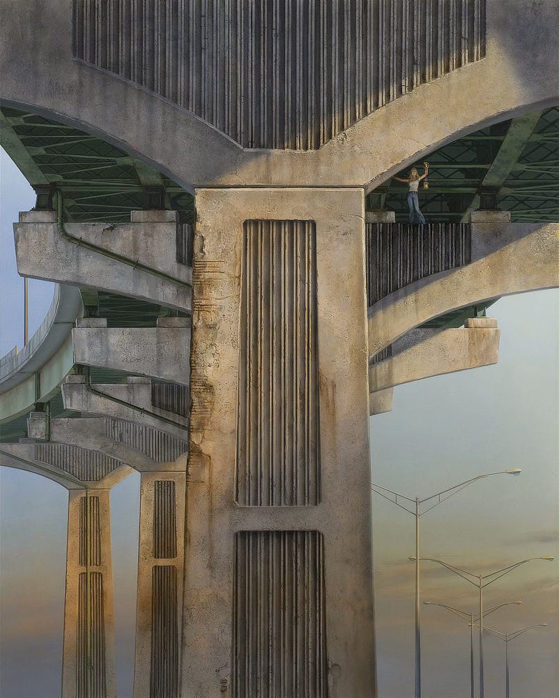 A blonde woman in jeans and a white tank top stands on the concrete support of a highway overpass. Most of the structure is lit in golden twilight, but she stands in shadows underneath an expanse of green metal girders. With one arm out, she steadies herself against the structure while raising a lantern on a chain in the other hand. Opposite her, the tall towers of textured concrete combine with the curvature of the road to form an arc on the left side of the painting reminiscent of a question mark. Tall light poles, thin and roughly T-shaped, echo their form in the lower right. A blonde woman in jeans and a white tank top stands on the concrete support of a highway overpass. Most of the structure is lit in golden twilight, but she stands in shadows underneath an expanse of green metal girders. With one arm out, she steadies herself against the structure while raising a lantern on a chain in the other hand. Opposite her, the tall towers of textured concrete combine with the curvature of the road to form an arc on the left side of the painting reminiscent of a question mark. Tall light poles, thin and roughly T-shaped, echo their form in the lower right.