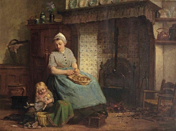 'Peeling the potatoes' - olieverf op doek: Hendrik Valkenburg (voorm. coll. Christie's Amsterdam)