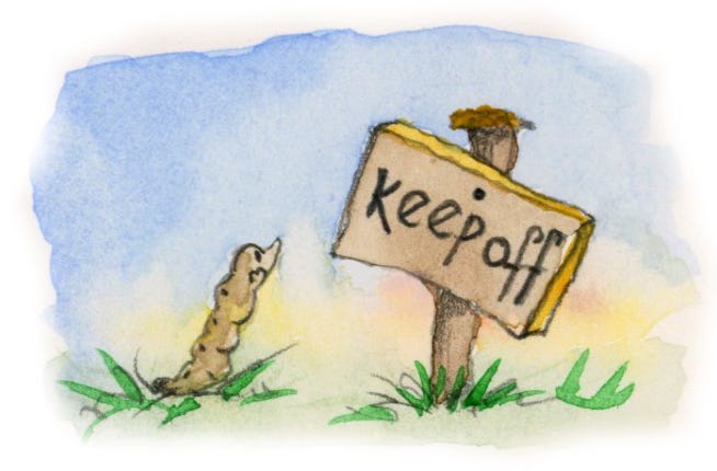 illustration of a maggot looking worriedly at a signpost stating Keep Off illustration of a maggot looking worriedly at a signpost stating Keep Off