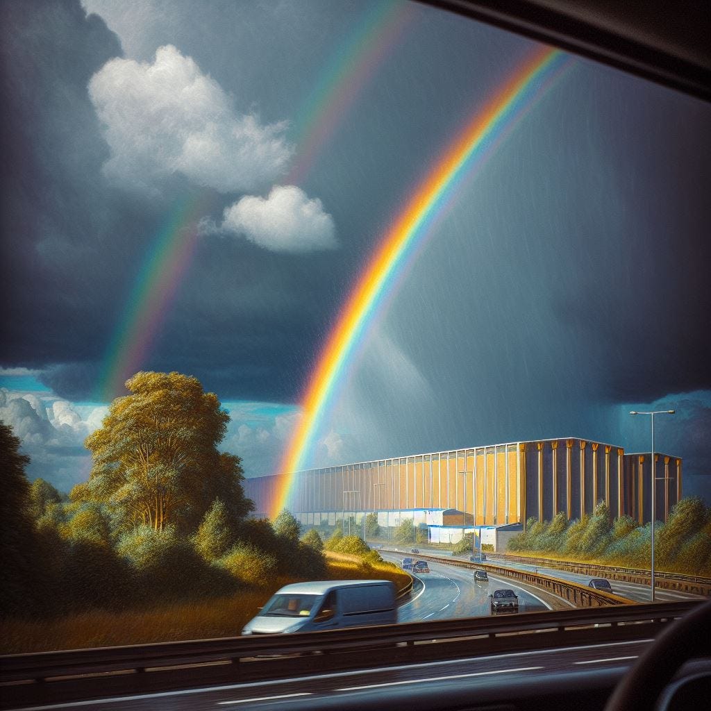 Rainbow ower the highway. Image by Bing.