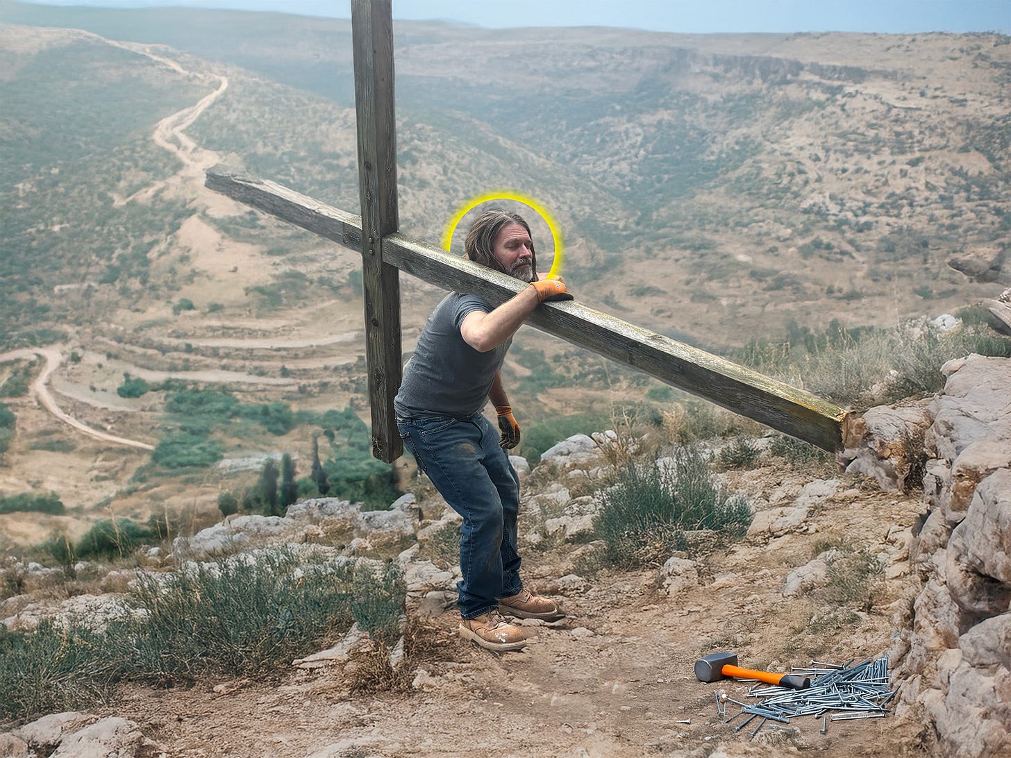 AI altered image of substack author Derek Goodwin carrying a cross in the desert, with a hammer and nails in the foreground. AI altered image of substack author Derek Goodwin carrying a cross in the desert, with a hammer and nails in the foreground.