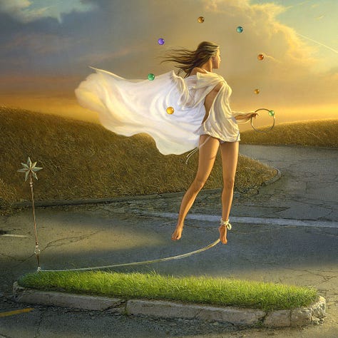 LEFT: Detail from ISLAND featuring a woman surrounded by a circle of colorful glass orbs levitating above a grassy island. She turns toward the horizon with golden light tracing her but she can't move toward it. A long strip of cloth is tied about her ankle, tethering her to an ornate staff staked in the ground at the edge of the grass. CENTER: Figure study on blue toned paper for ISLAND featuring a model posed on a white lawn chair. Her body twists slightly to look back. Her hair whips with the motion and the white cloth draping her billows in the breeze. She holds a metal right in her left hand. Above is sketch of her hand with a slightly different grip. RIGHT: Close detail from ISLAND featuring a woman levitating above a parking lot of cracked asphalt. A circle of colorful glass orbs forms a loose circle around her. In her left hand she holds a metal ring that seems to have captured a green glass orb.