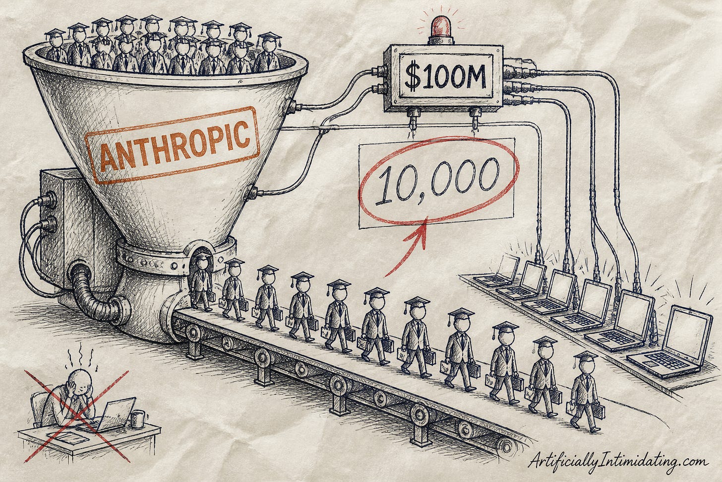 A giant funnel stamped with the rust-orange Anthropic wordmark pours small suited consultants in graduation caps onto a conveyor belt toward a row of laptops, with a red-circled sign reading 10,000 and a $100M junction box above. A giant funnel stamped with the rust-orange Anthropic wordmark pours small suited consultants in graduation caps onto a conveyor belt toward a row of laptops, with a red-circled sign reading 10,000 and a $100M junction box above.