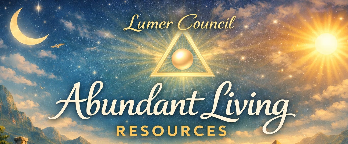 Banner image for “Lumer Council Abundant Living Resources” showing a glowing coastal fantasy scene at sunrise or sunset. A crescent moon hangs on the left and a bright sun shines on the right above a calm ocean with two distant pyramids. In the center, a radiant golden triangle with a glowing orb appears above the words “Abundant Living Resources,” with “Lumer Council” written above. Stone steps, lanterns, flowers, and crystal formations frame the shore in warm gold and blue tones.