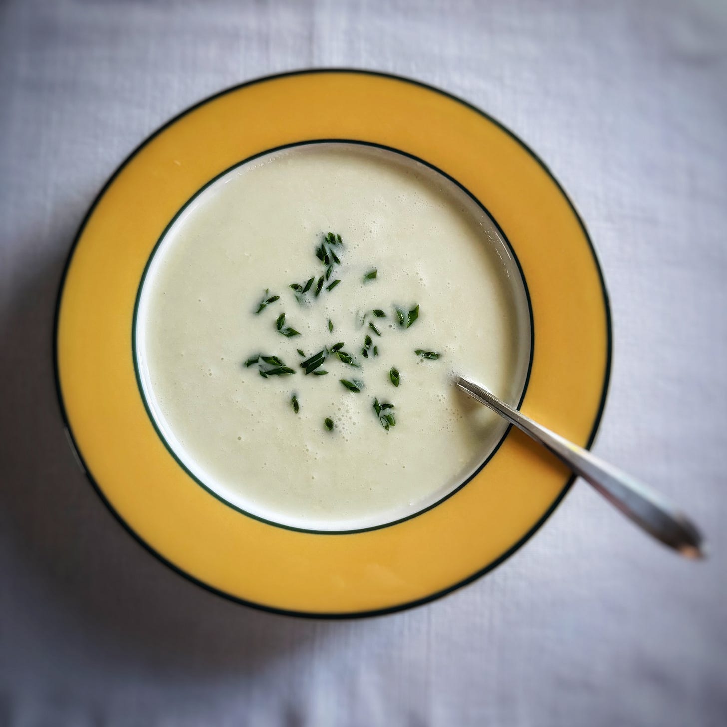 Chilled vichyssoise served in a bowl with a deep yellow rim. Chilled vichyssoise served in a bowl with a deep yellow rim.