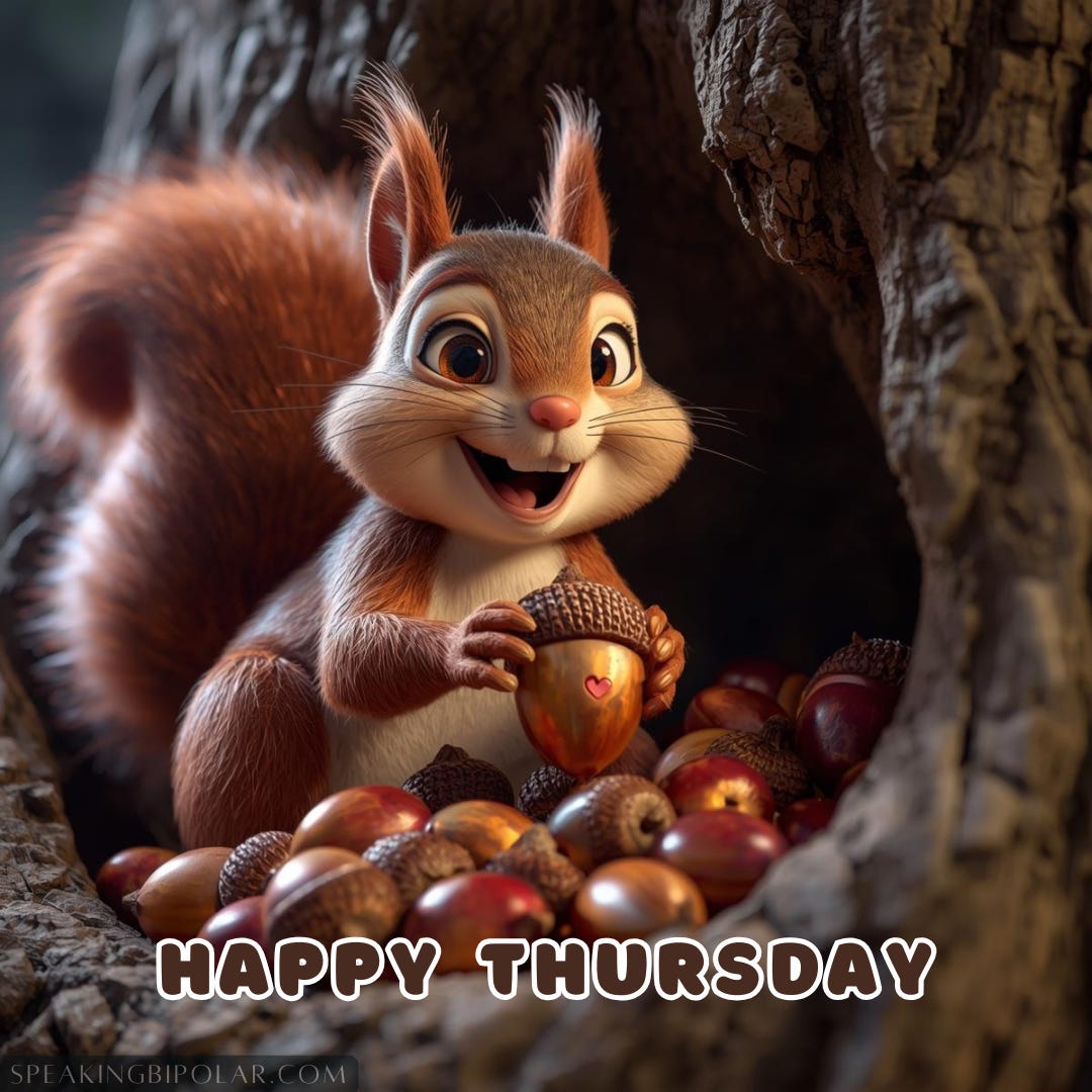 A HAPPY cartoon squirrel placing a shiny acorn (with a small heart on it) into a hollow in a tree filled with other "gratitude acorns."