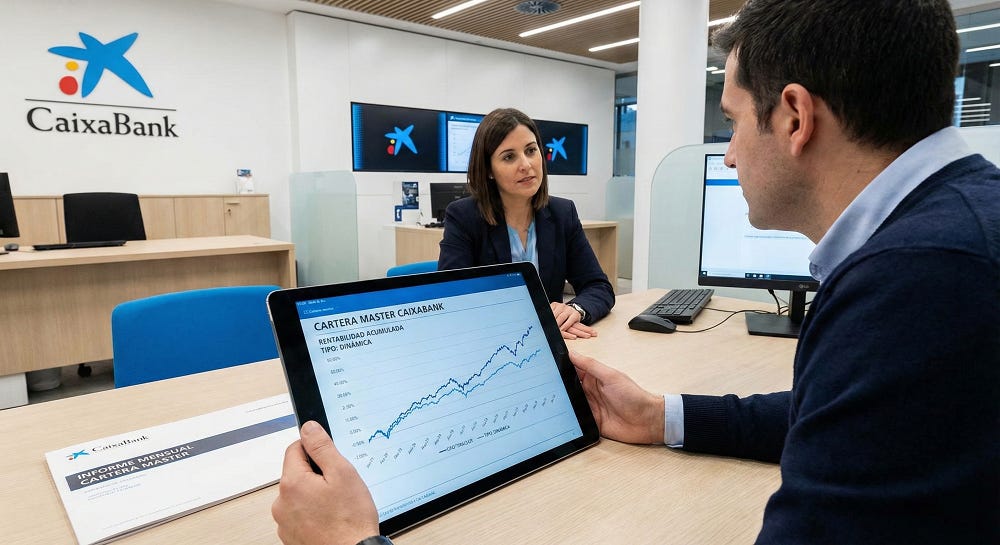 Cliente y asesora financiera de CaixaBank revisando el gráfico de rentabilidad acumulada de la Cartera Master en una tablet durante una consulta