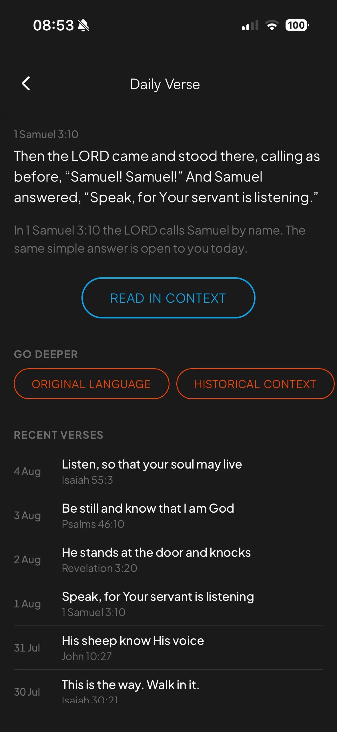 The Doxa app Daily Verse screen showing 1 Samuel 3:10 with a Read in Context button and a Go Deeper section offering Original Language and Historical Context The Doxa app Daily Verse screen showing 1 Samuel 3:10 with a Read in Context button and a Go Deeper section offering Original Language and Historical Context