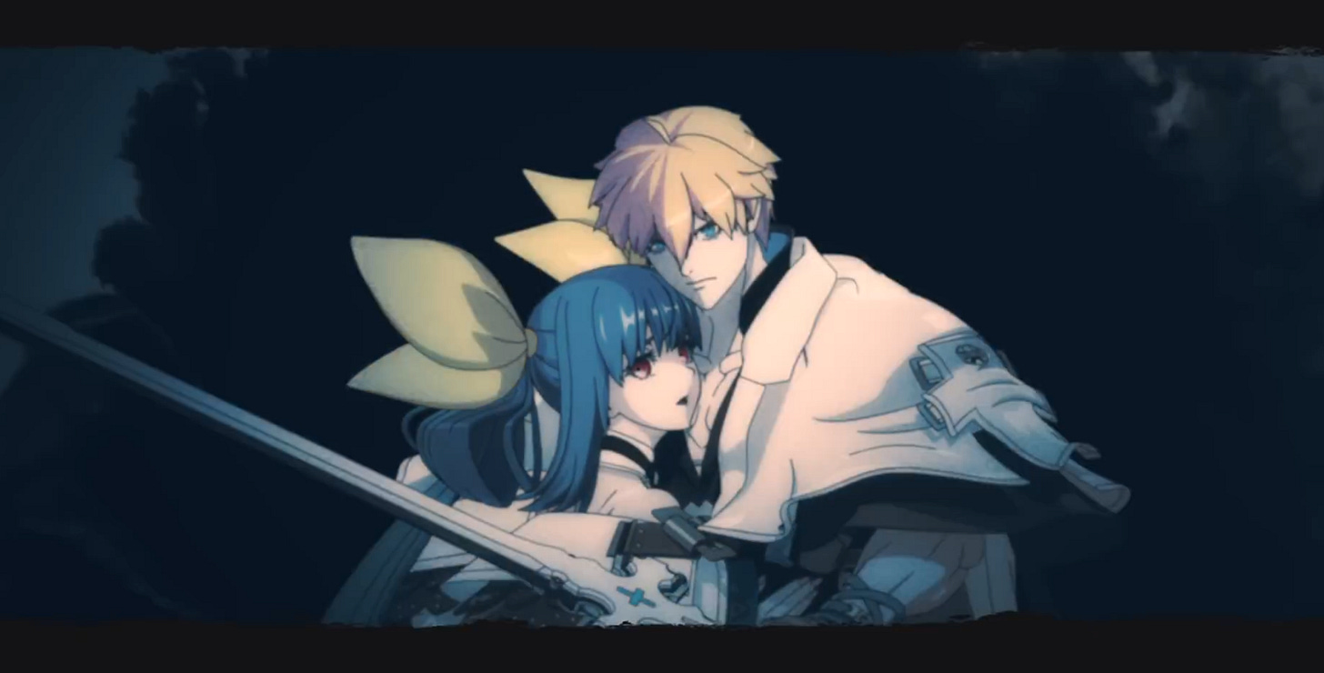 Dizzy hugging Ky, who has his sword raised to protect her. The background is dark.