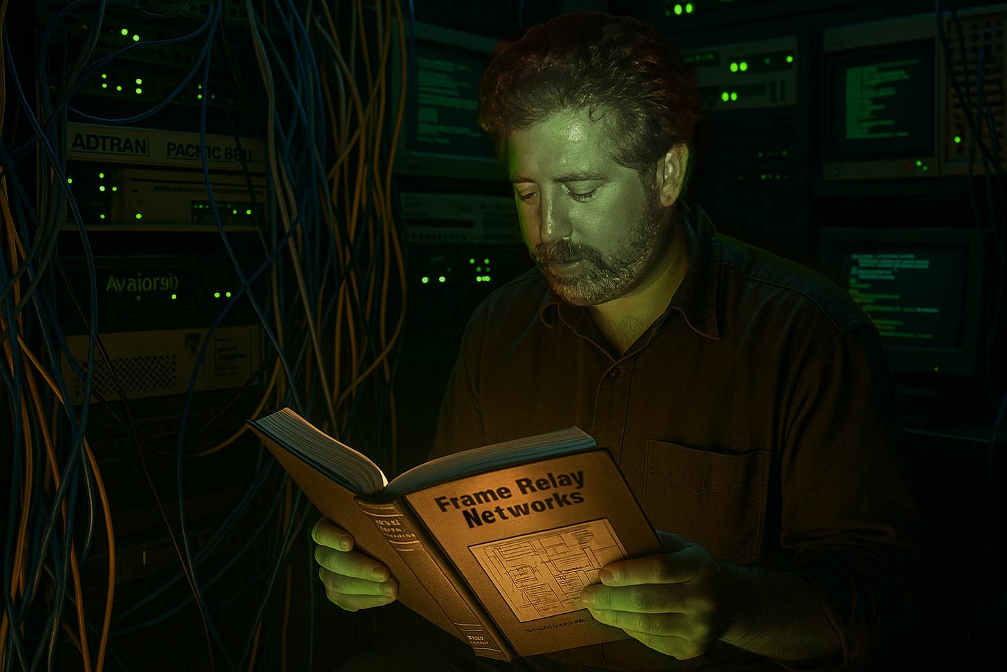The author in his early thirties sits in a dimly lit server room surrounded by tangled network cables and glowing green indicator lights. He studies a thick technical manual titled Frame Relay Networks, the book illuminated by the monitor glow as if he’s trying to understand a complex system late into the night.