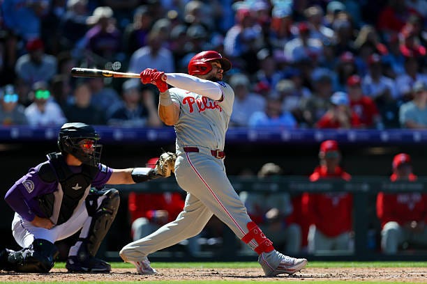 Rafael Marchan of the Philadelphia Phillies bats in the seventh inning against the Colorado Rockies at Coors Field on April 5, 2026 in Denver,...