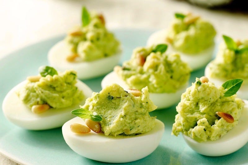 Deviled Eggs with Spinach, Basil and Toasted Pine Nut Pesto