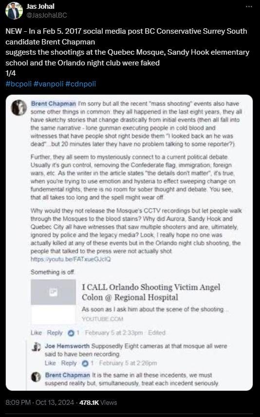 A screenshot of former MLA Jas Johal reporting that Conservative MLA Brent Chapman (Findlay's husband) had posted that multiple mass shootings in the US were fake. A screenshot of former MLA Jas Johal reporting that Conservative MLA Brent Chapman (Findlay's husband) had posted that multiple mass shootings in the US were fake.