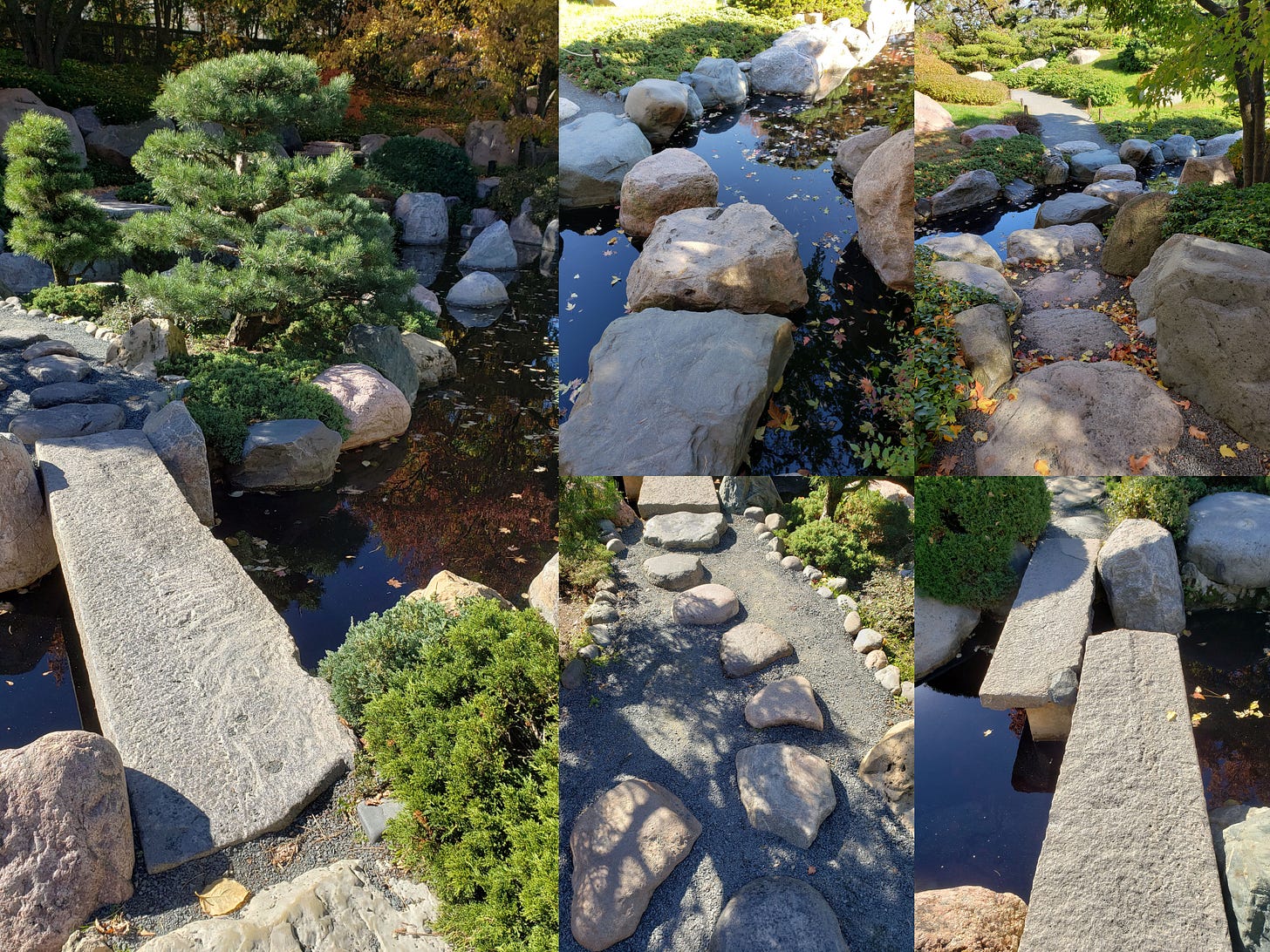 A five photo collage of different areas of the path where you can cross water features on flat stone slabs or medium-sized rocks lined in a curvy row. A five photo collage of different areas of the path where you can cross water features on flat stone slabs or medium-sized rocks lined in a curvy row.