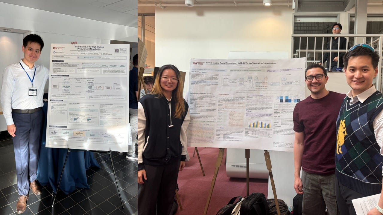 A composite of Junru beside a poster on guardrailed AI for procurement negotiation and with two classmates beside a poster on social sycophancy in multi-turn AITA advice A composite of Junru beside a poster on guardrailed AI for procurement negotiation and with two classmates beside a poster on social sycophancy in multi-turn AITA advice