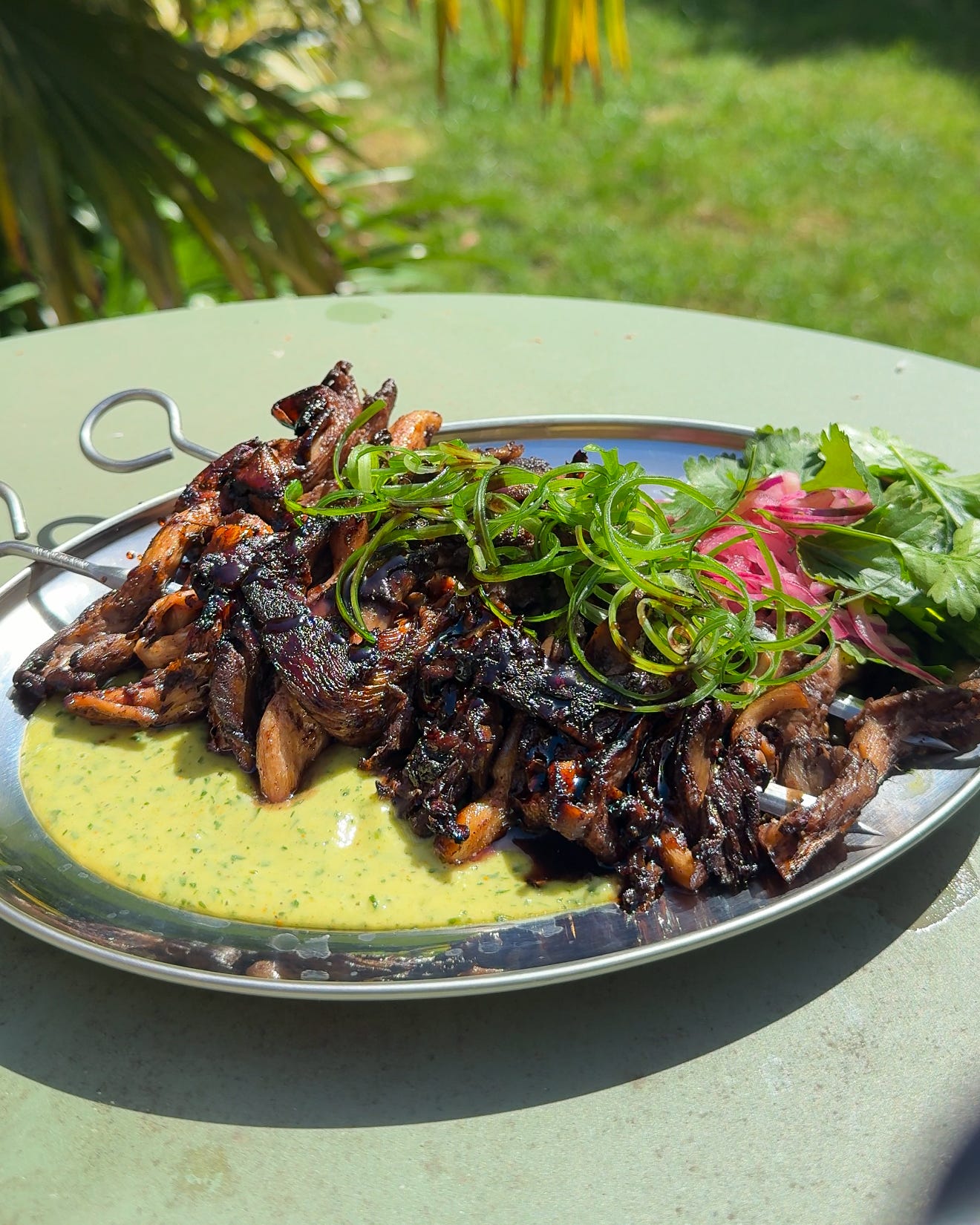 Lip-Tingling Jerk Oyster Mushroom Skewers (with Coconut Mango Coriander  Sauce)