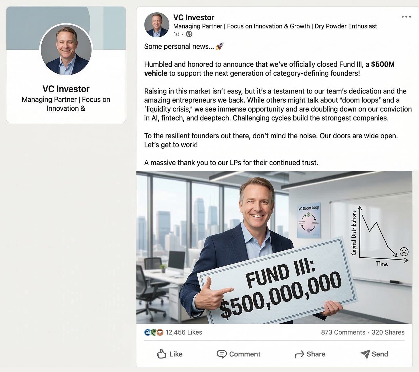 A mock LinkedIn post from a VC partner announcing a new $500M fund with a smiling headshot. A mock LinkedIn post from a VC partner announcing a new $500M fund with a smiling headshot.