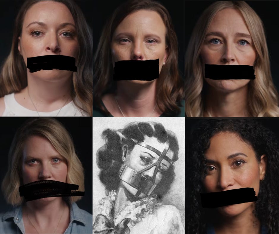 Composite of images of Epstein victims with their mouths redacted in black; also, an image of a woman wearing an iron branks to keep her from speaking.