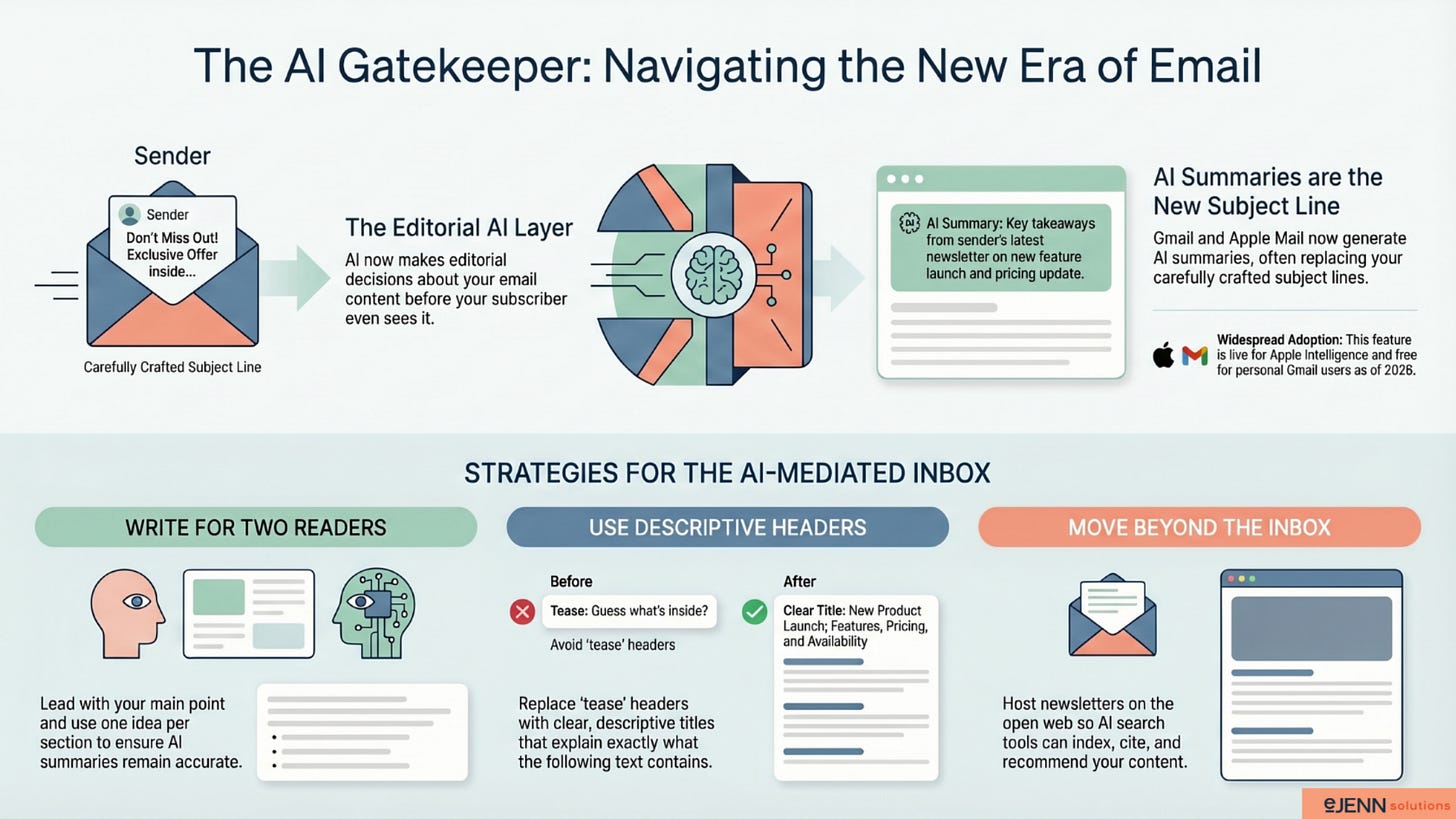 Infographic titled "The AI Gatekeeper: Navigating the New Era of Email" from eJenn Solutions. The top section explains that AI now makes editorial decisions about email content before subscribers see it, and that Gmail and Apple Mail generate AI summaries that often replace carefully crafted subject lines — a feature live for Apple Intelligence and free for personal Gmail users as of 2026. The bottom section outlines three strategies for the AI-mediated inbox: Write for Two Readers by leading with your main point and using one idea per section so AI summaries stay accurate; Use Descriptive Headers by replacing teaser-style headers with clear, descriptive titles that explain what follows; and Move Beyond the Inbox by hosting newsletters on the open web so AI search tools can index, cite, and recommend your content.