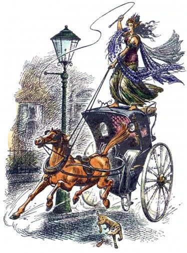 Illustration of Queen Jadis from The Magician’s Nephew standing upright in a horse-drawn cab, brandishing a long iron bar or whip as the horse surges forward past a London lamp-post, with a small dog running below. Illustration of Queen Jadis from The Magician’s Nephew standing upright in a horse-drawn cab, brandishing a long iron bar or whip as the horse surges forward past a London lamp-post, with a small dog running below.