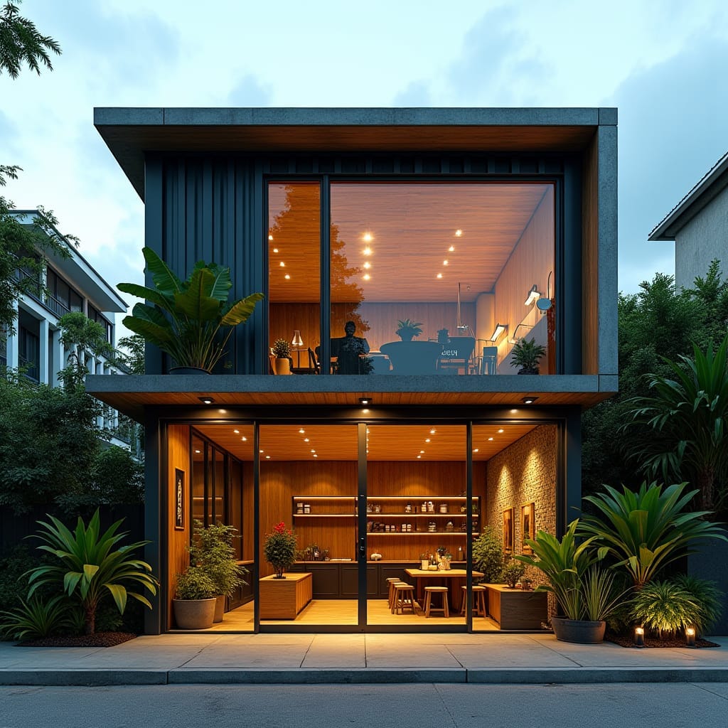 A modern container structure in Jamaica, cleverly designed as a half-shop, half-home. The lower half serves as a sleek, minimalist storefront with large glass doors, blending commercial functionality with contemporary design. The upper half is a cozy, eco-friendly living space made from repurposed shipping containers, featuring large windows for natural light, solar panels for energy efficiency, and rainwater harvesting tanks. The exterior combines raw steel with wooden accents, giving it an industrial yet stylish look. Surrounded by a few tropical plants, the structure fits seamlessly into the urban setting. Industrial chic, sustainable design, multifunctional living.
