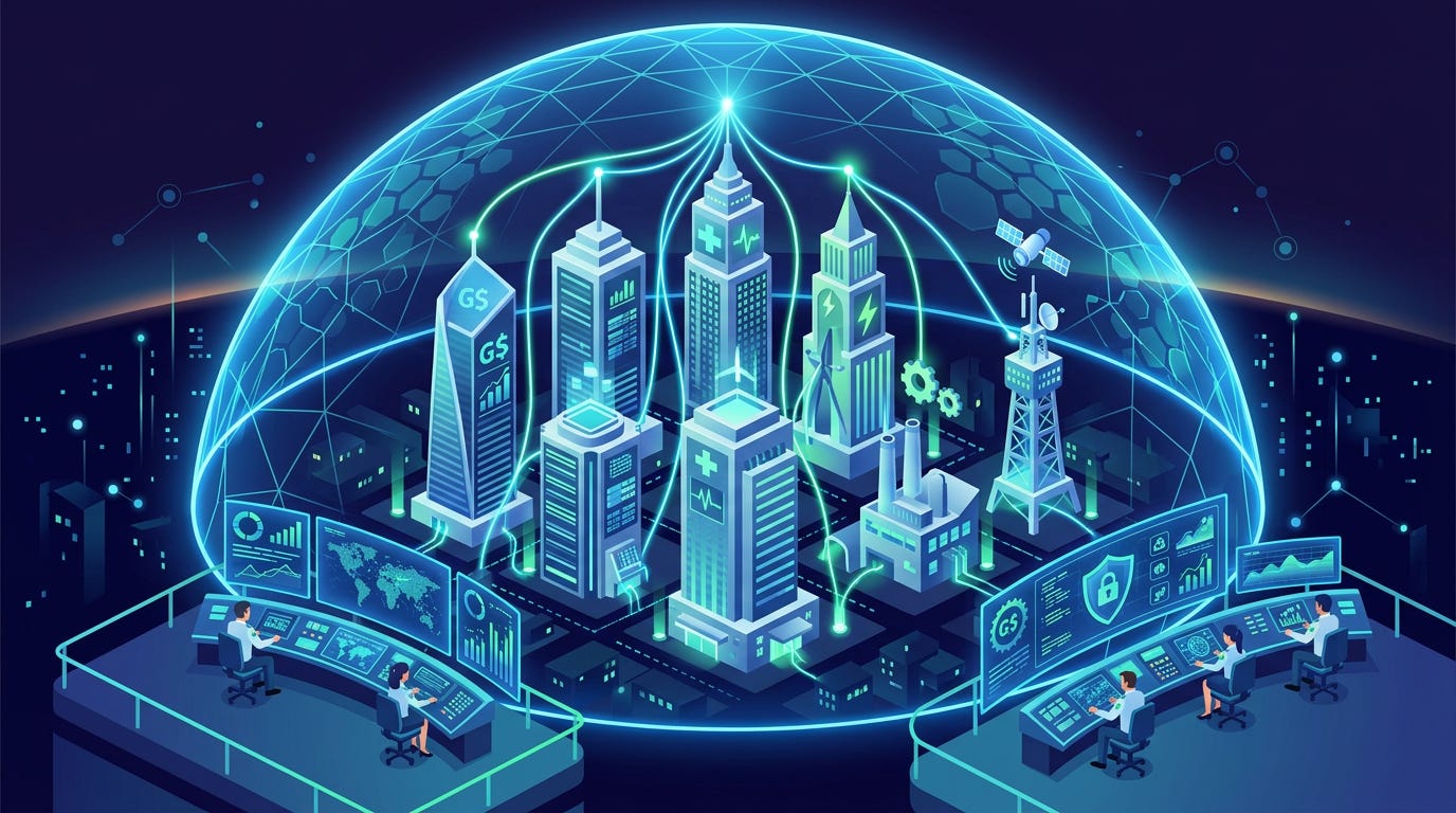 Flat isometric illustration of multiple skyscrapers from different industries connected by glowing protective energy lines forming a giant shield around the city, small analysts monitoring shared security screens, dark background, clean vector art style, green and blue color palette, modern business infrastructure editorial aesthetic Flat isometric illustration of multiple skyscrapers from different industries connected by glowing protective energy lines forming a giant shield around the city, small analysts monitoring shared security screens, dark background, clean vector art style, green and blue color palette, modern business infrastructure editorial aesthetic