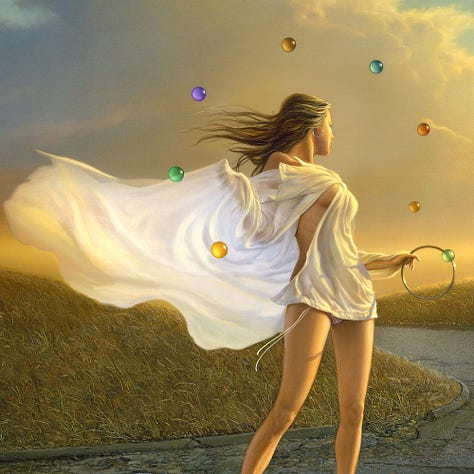 LEFT: Detail from ISLAND featuring a woman surrounded by a circle of colorful glass orbs levitating above a grassy island. She turns toward the horizon with golden light tracing her but she can't move toward it. A long strip of cloth is tied about her ankle, tethering her to an ornate staff staked in the ground at the edge of the grass. CENTER: Figure study on blue toned paper for ISLAND featuring a model posed on a white lawn chair. Her body twists slightly to look back. Her hair whips with the motion and the white cloth draping her billows in the breeze. She holds a metal right in her left hand. Above is sketch of her hand with a slightly different grip. RIGHT: Close detail from ISLAND featuring a woman levitating above a parking lot of cracked asphalt. A circle of colorful glass orbs forms a loose circle around her. In her left hand she holds a metal ring that seems to have captured a green glass orb.