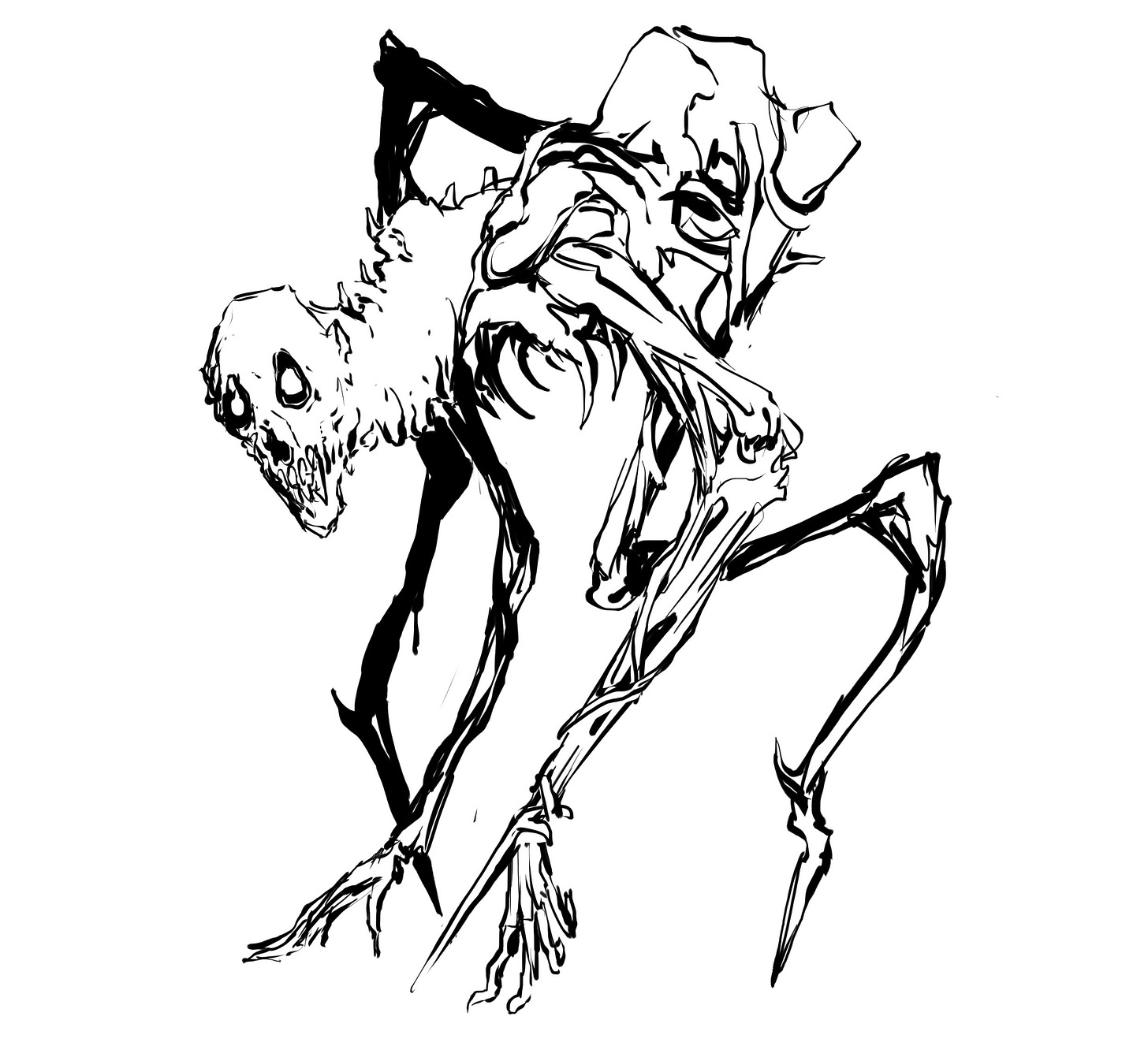 A black and white illustration of a crooked monster walking on four legs.
