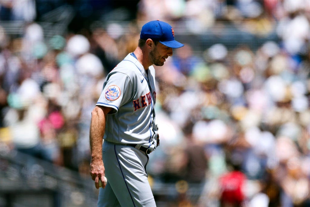 Max Scherzer reacts after allowing a home run in the Mets' loss to the Padres. Max Scherzer reacts after allowing a home run in the Mets' loss to the Padres.