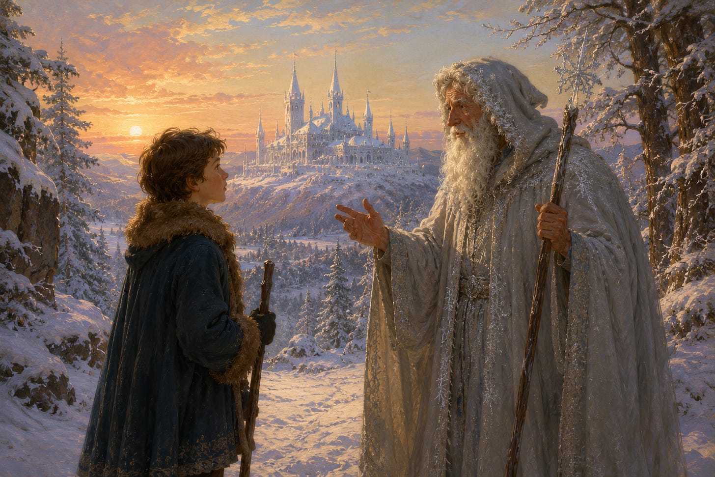 Claude speaking with the old man before entering the country of King Frost