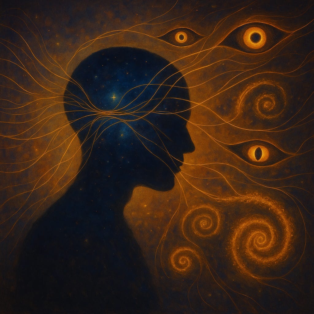 A silhouette of a human head filled with stars and galaxies, with golden threads connecting the mind to glowing spiral forms and radiant eyes floating in space, symbolising the perception of unrecognised information.