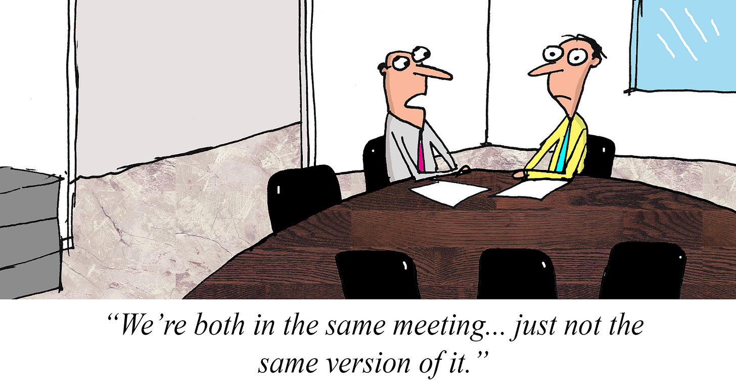 Cartoon of two coworkers at a conference table, with a caption joking they’re in the same meeting but experiencing completely different versions of it.