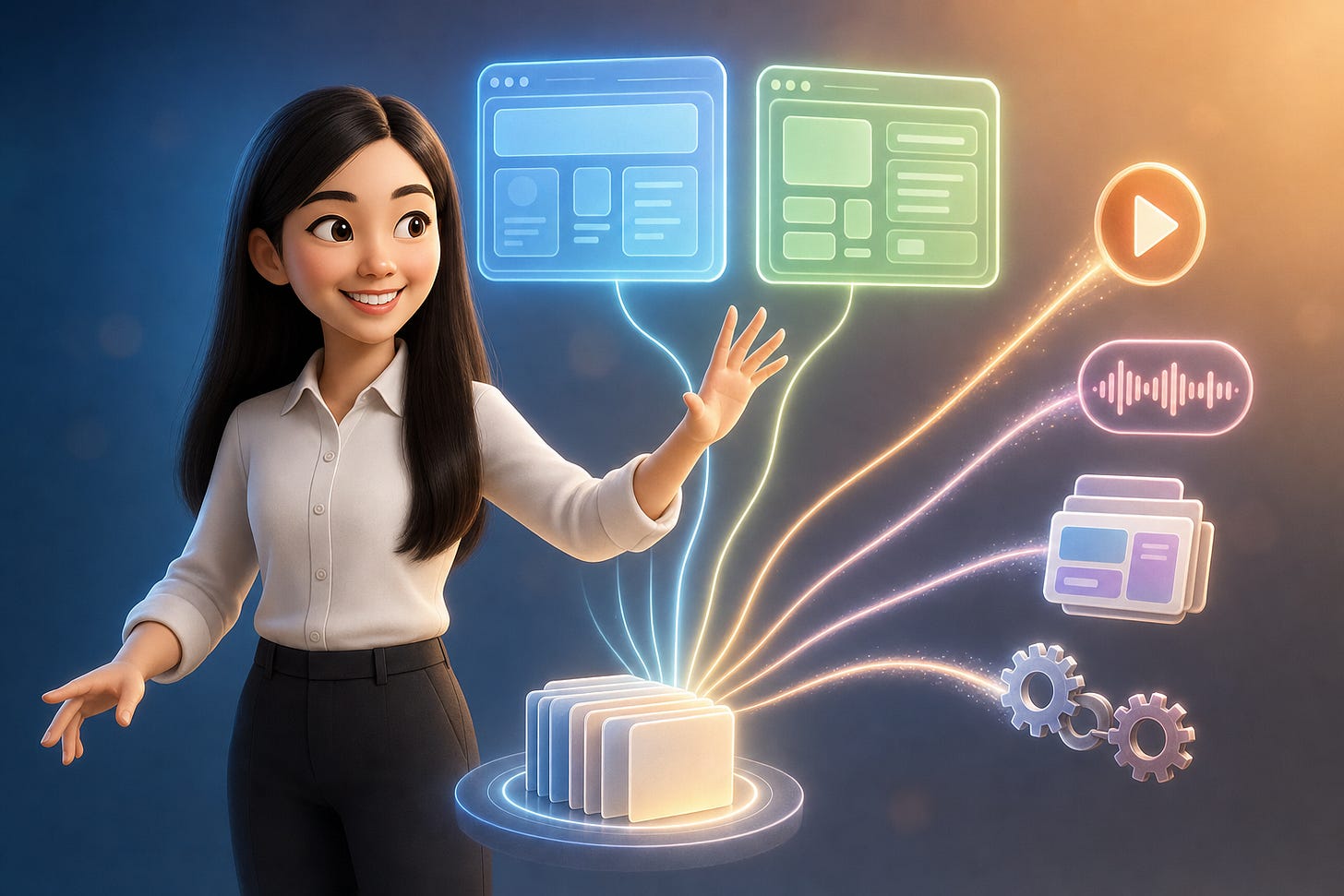 Pixar-style 3D illustration of Jenny Ouyang at a desk with two glowing app windows side by side, one labeled Claude and one labeled ChatGPT, four small finished projects floating between them.