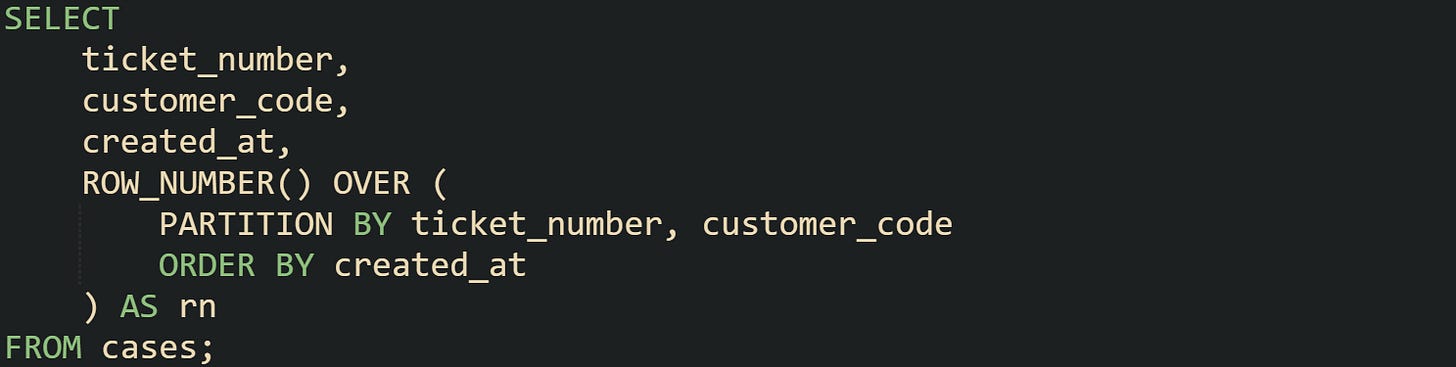 SELECT     ticket_number,     customer_code,     created_at,     ROW_NUMBER() OVER (         PARTITION BY ticket_number, customer_code         ORDER BY created_at     ) AS rn FROM cases;