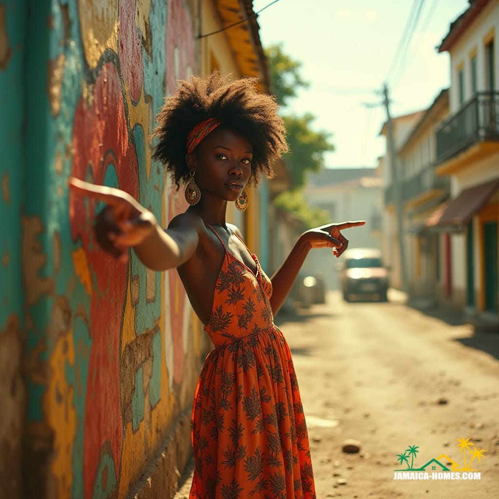 A woman in a vibrant, flowing sundress, her afro-textured hair tied back in a scarf, stands confidently in the midst of a colorful Jamaican street, pointing accusingly at a crumbling wall covered in peeling paint and vibrant street art.