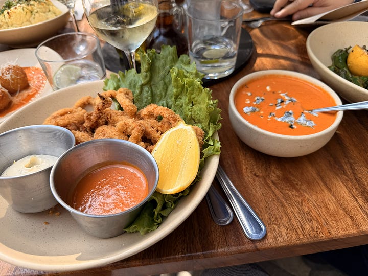 Burrata and tomato salad, fried calamari, tomato soup