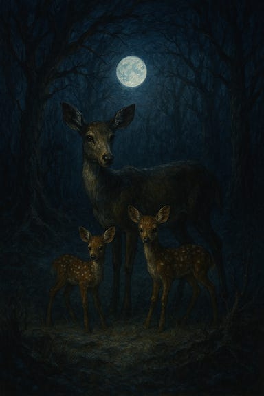 A doe and two fawns stand in a forest clearing, bathed in moonlight, rendered in the gothic, moody art style of Curse of Strahd