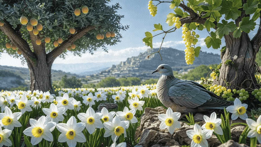A spring landscape with a turtledove among narcissus daffodil flowers, trees and vines bearing grapes and figs, inspired by the Song of Solomon's depiction of springtime renewal.