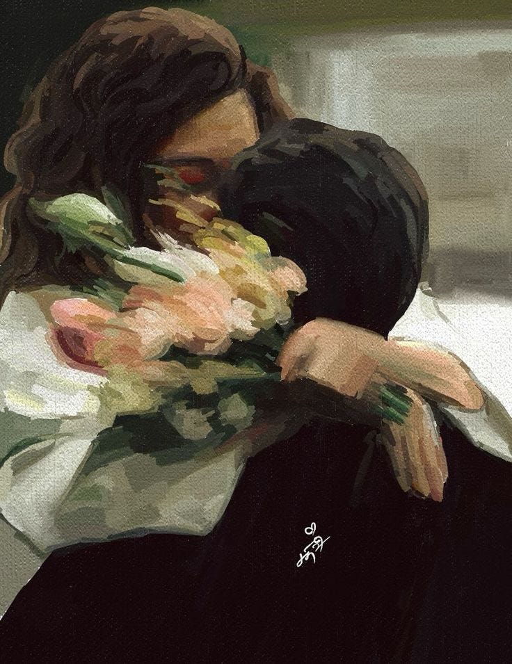 This may contain: a painting of a woman holding flowers in her arms