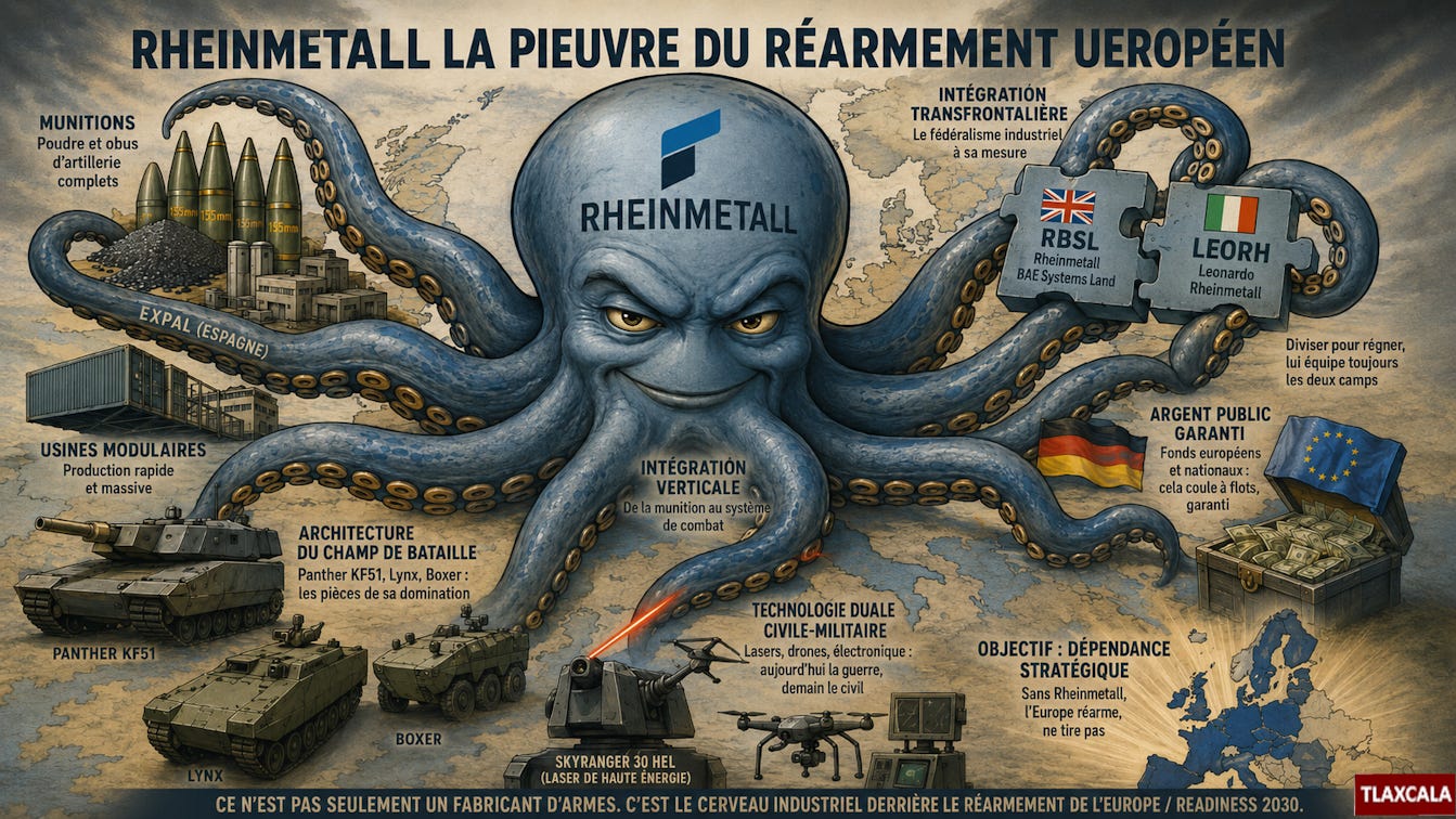 Infographie satirique montrant une pieuvre géante portant le logo Rheinmetall au centre d’une carte de l’Europe. Ses tentacules s’étendent vers plusieurs domaines du réarmement européen : production de munitions, usine Expal en Espagne, usines modulaires, chars Panther KF51, Boxer et Lynx, partenariats avec RBSL au Royaume-Uni et LEORH en Italie, technologies duales civiles-militaires, fonds publics allemands et européens. L’image suggère que Rheinmetall n’est plus seulement un fabricant d’armes, mais un acteur structurant du dispositif européen Readiness 2030.