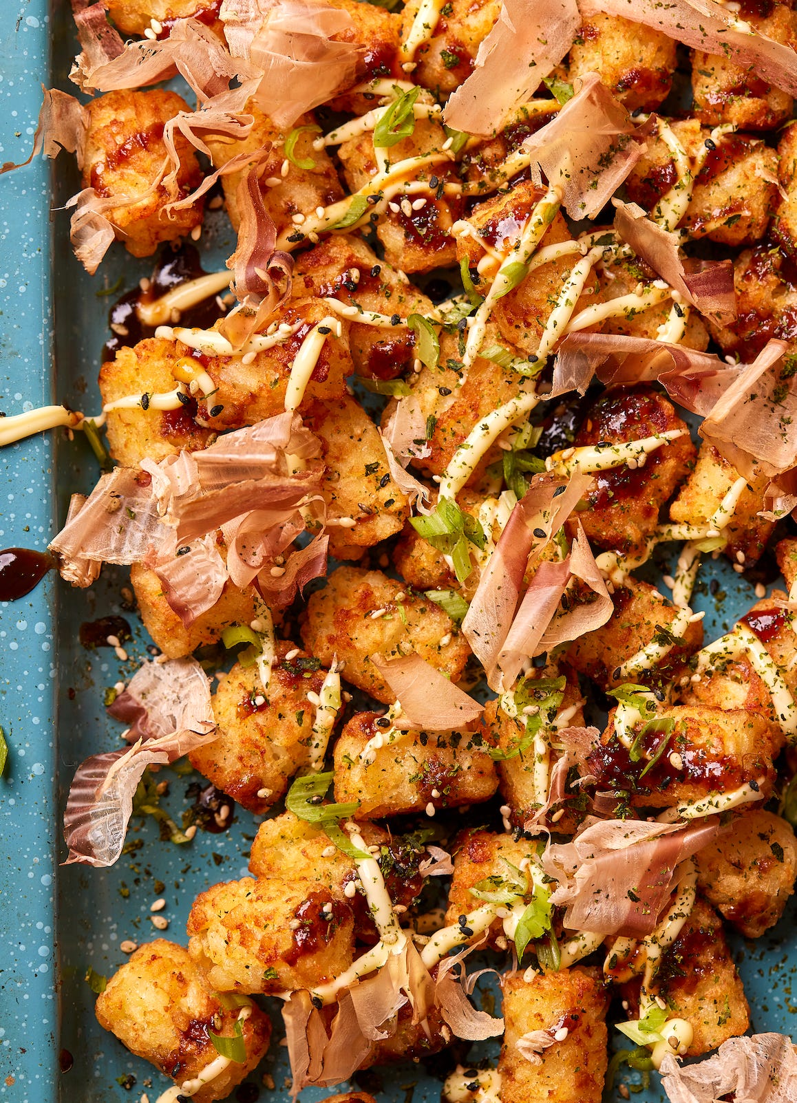 Tator Tots with toppings inspired by okonomiyaki flavors