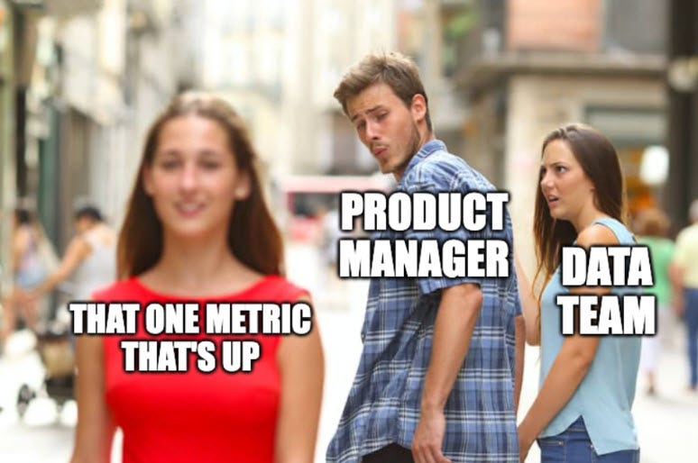 Meme image of PM and data team vs metric